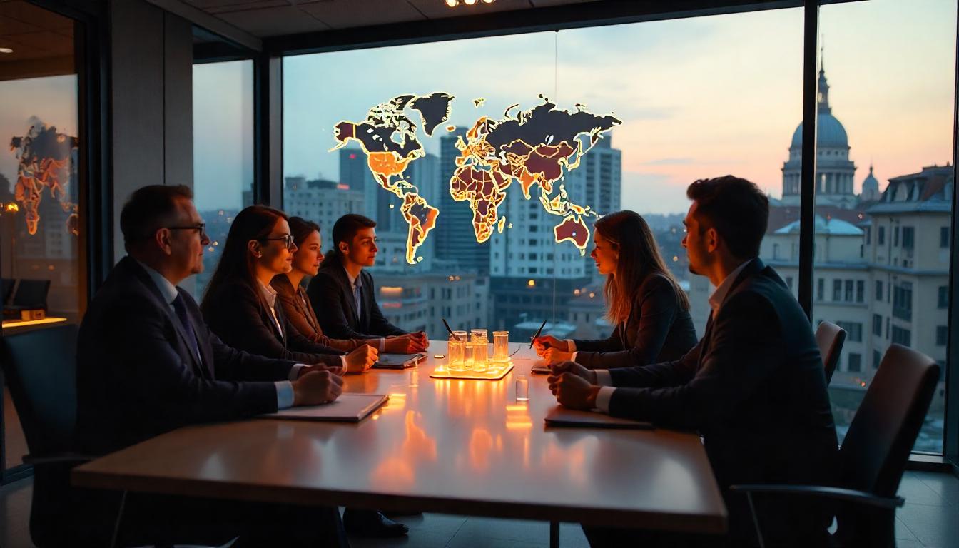 International business meeting in a high-rise office in Italy with a glowing world map
